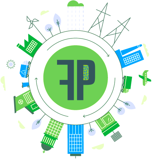 Letras FP da Fortalplast em um círculo com cidade demostrando a Economia circular.